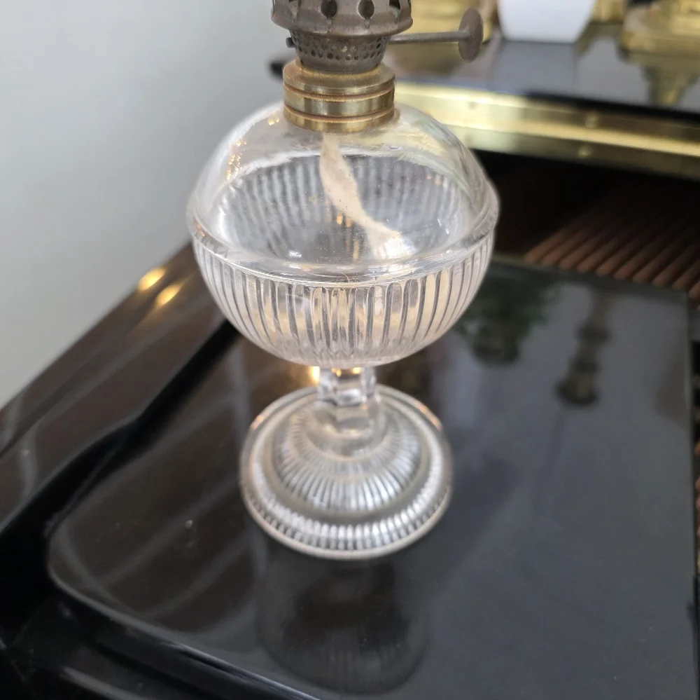 Vintage Ribbed Clear Glass Pedestal Oil Lamp